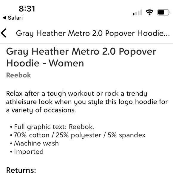 NWT Reebok Metro Popover Hoodie Small - Picture 4 of 6